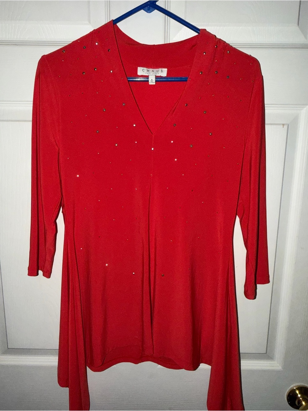 Chaus Red V-Neck Embellished Tunic Top